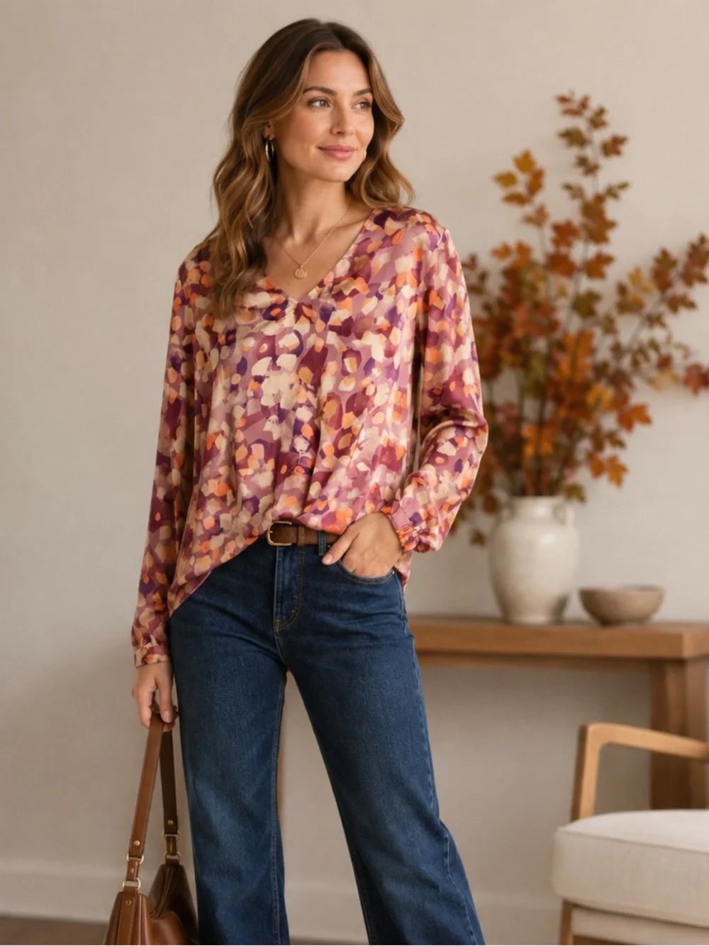 Cabi Fall 2024 Abstract Print Tuck Top Blouse V-Neck Long Sleeve Size L #4718